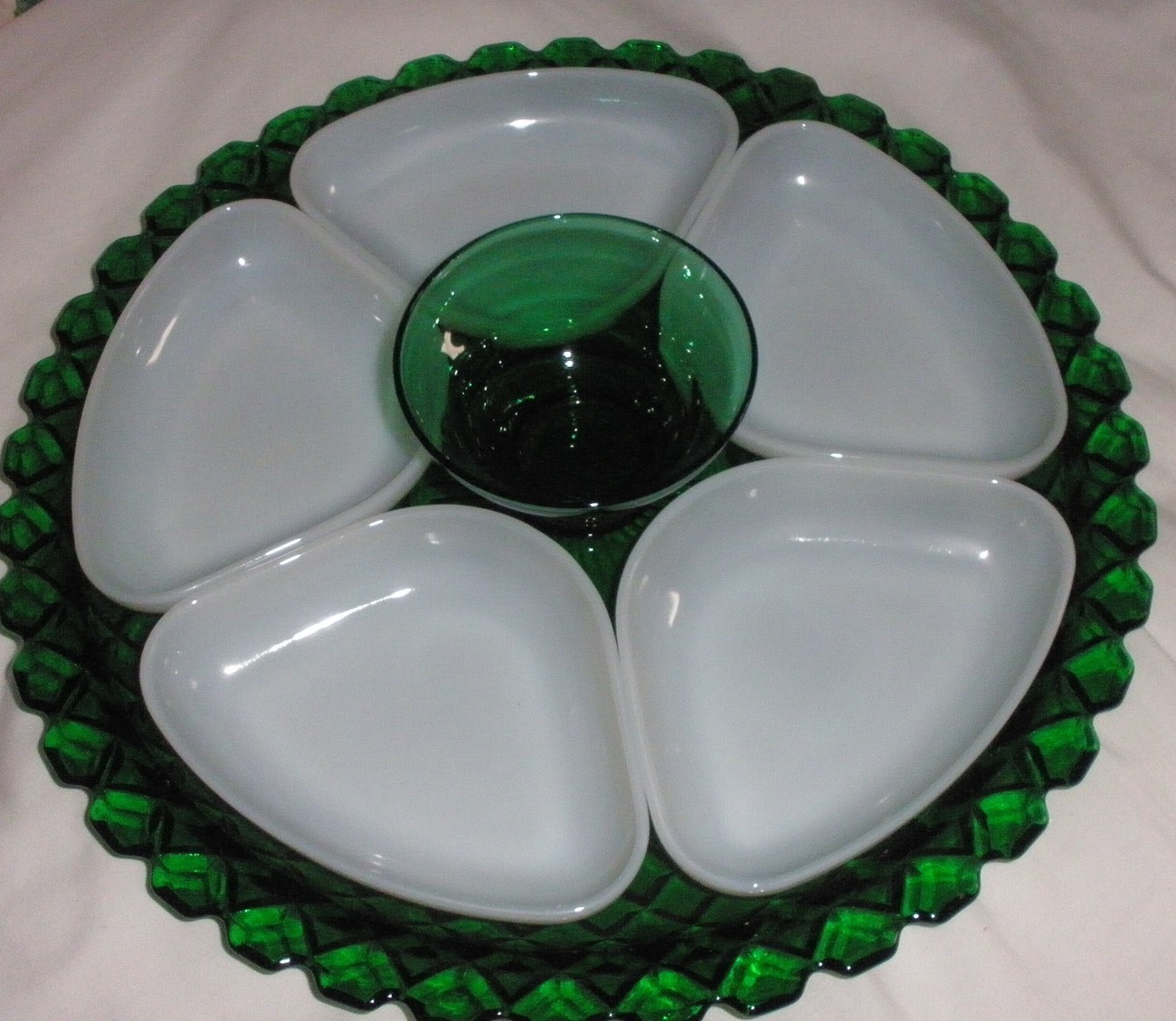 Primary image for Anchor Hocking Forest green condiment set 7 pieces  green and white vintage