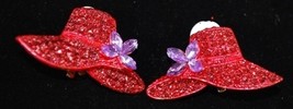 Red on Red Rhinestone Earrings with Purple Crystal Flowers - £3.91 GBP