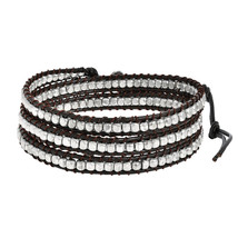 Silver Shine Beads Brown Leather Triple Wrap Bracelet - £18.34 GBP