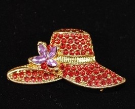 Red on Gold - Rhinestone Red Hat Pin w/ Purple Crystal Flowe - $4.95