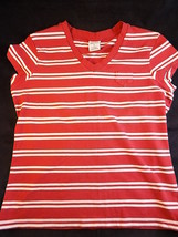 WOMENS COTTON SHORT OLD NAVY Red &amp; White Striped V Neck T-Shirt Size Medium - $9.89