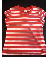 WOMENS COTTON SHORT OLD NAVY Red &amp; White Striped V Neck T-Shirt Size Medium - £7.76 GBP