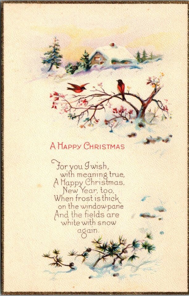 Primary image for Happy Christmas Birds Country House Snow Covered Written On Antique Postcard