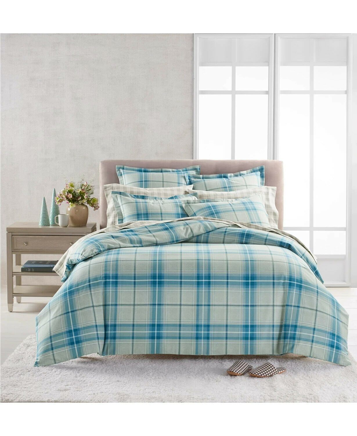 Martha Stewart Collection Holiday Flannel Blue Plaid Comforter, King, Created for Macy's - Blue Plaid, image size:1230x1500