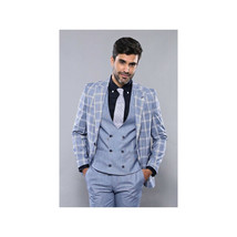 Men 3pc European Vested Suit WESSI by J.VALINTIN Extra Slim Fit JV30 blue plaid image 4