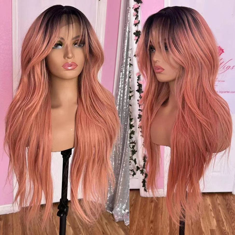 AIMEYA Ombre Pink Lace Front Wig Black Roots Long Body Wave Wigs for Women He - £48.62 GBP+