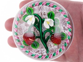 Bob Banford Strawberries with blooms lampwork paperweight - $886.05