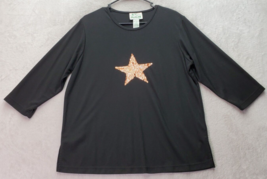 Quacker Factory Shirt Top Women&#39;s Large Black Star Sequin Long Sleeve Round Neck - £19.91 GBP