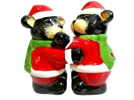 Hugging Black Bears Holiday Salt and Pepper Shakers Kitchen Ceramic Santa Hat - £13.32 GBP