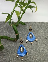 Kusama  Wood Resin Blue Earrings Handmade painting Polka Dots Jewelry - £35.61 GBP