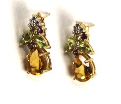 14KT Yellow Gold Amethyst Citrine Peridot &amp; Diamond Earrings - £340.82 GBP
