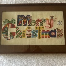 Merry Christmas Cross Stitch Wall Art Completed Framed Colorful - £37.27 GBP