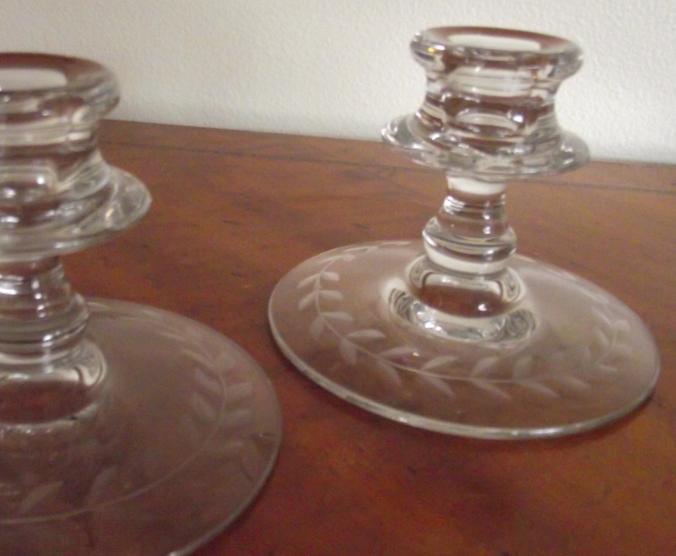 Pair of  Fostoria Crystal Candlesticks With  Etched Leaf Pattern - $7.50