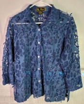 Mirasol Blue Burnout Spring Flower Button Up Sheer 3/4 Sleeve Shirt Top ... - $24.18
