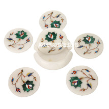 White Marble Marquetry Coaster Set Malachite Stone Inlay Floral Decor Gift H3560 - £103.61 GBP