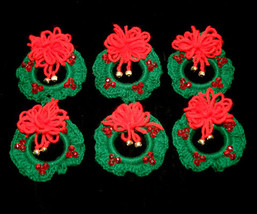 Set of 6 Handcrafted Crocheted Christmas Wreath Ornaments with Bells - £20.77 GBP
