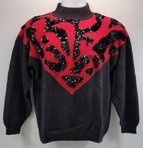 Women All Points by Reference Point Sequin Red Black Holiday Sweater Medium - $14.84