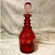 Vintage 19th Century Handblown Etched Grapes Ruby Glass Decanter W/Cut Stopper  - £117.91 GBP