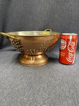 Vintage Tin Lined Footed Sieve Strainer Brass Handles Farmhouse Copper C... - $23.38