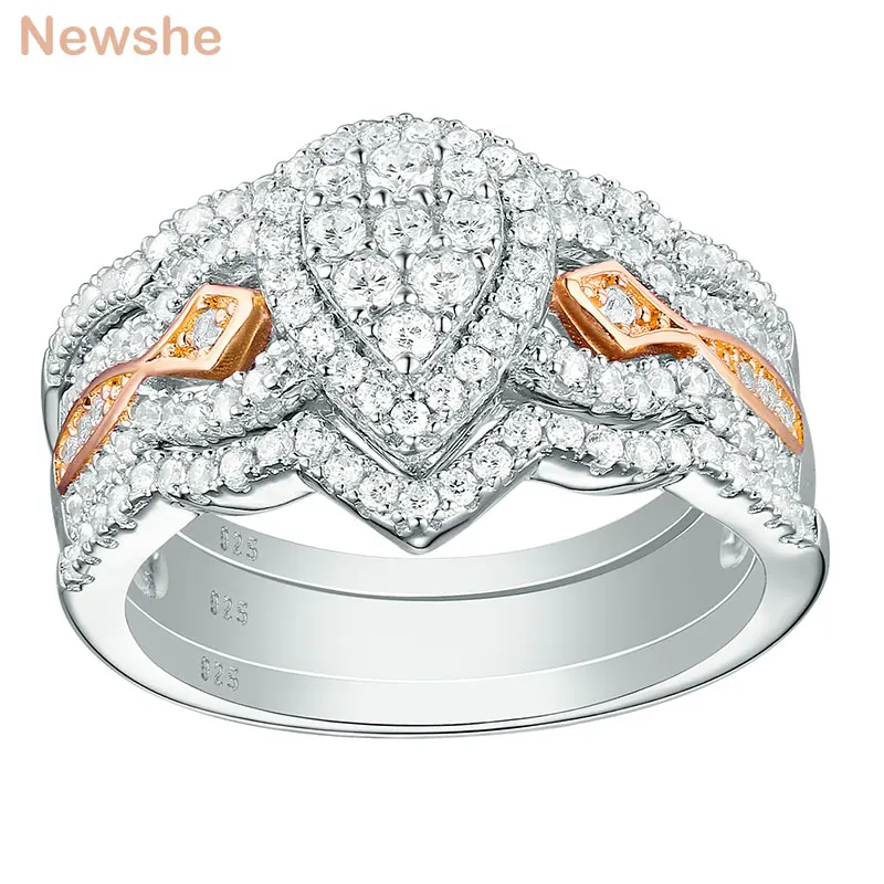 3 Pcs 925 Sterling Silver Wedding Rings for Women 1.3 Ct Double Pear Shape AAAAA - £53.19 GBP