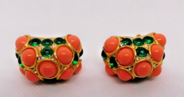 Kenneth J Lane Rare Vintage Coral &amp; Green, Clear Rhinestones Clip On Earrings Ex - £79.60 GBP