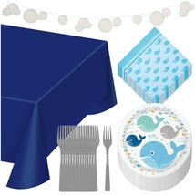 HOME &amp; HOOPLA Lil&#39; Blue Spout Whale Ocean Party Round Paper Dessert Plates and B - £12.05 GBP+