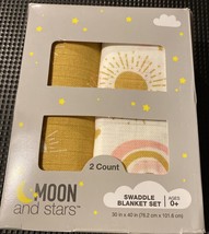 Moon and Stars (2-PACK) Gold White Baby Swaddle Cotton Blanket Ages 0+ 30&quot; x 40&quot; - £9.72 GBP