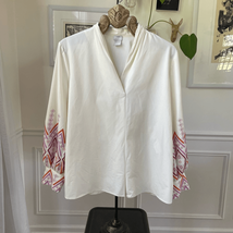 Chicos Ivory Embroidered Balloon Sleeve Vneck Blouse 2 M 12 - $431.64 MXN