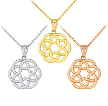 10k 14k Solid Gold Celtic Knot Flower Eternity Circle Openwork Pendant Necklace - £146.05 GBP