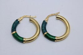 18K Yellow Gold Green Enamel Hoop Earrings 20mm 3.3 grams - $395.00