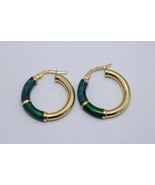 18K Yellow Gold Green Enamel Hoop Earrings 20mm 3.3 grams - $395.00