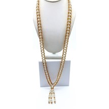 Crocheted Vintage Beaded Tassel Necklace, Gold Tone and White Faux Pearls - £28.36 GBP