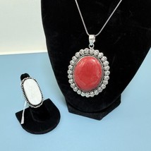 Red Coral Pendant and Mother of Pearl Ring Set, Size 7 Ring German Silver - $22.80