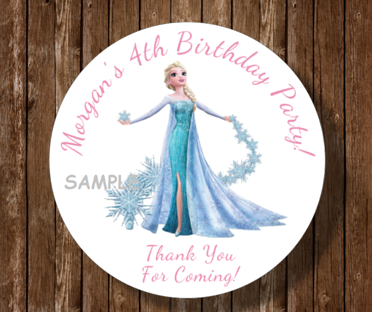 12 Personalized Disney Frozen Birthday Party Stickers favors round tags Elsa - £9.39 GBP