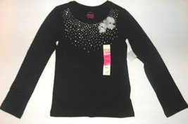 Faded Glory Girls Long Sleeve Shirt Black Silver Flower Applique Size XS 4-5 NWT - $8.59