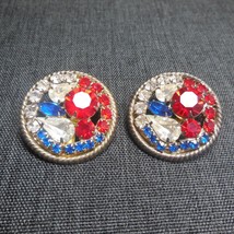 Rhinestone Post Earrings Vintage Patriotic USA Red White Blue Silver-Tone - £12.77 GBP