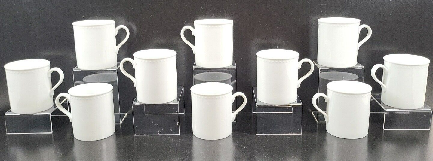 10 Crate & Barrel Staccato Mugs Set Kathleen Wills White Emboss Coffee Cups Lot - $66.20