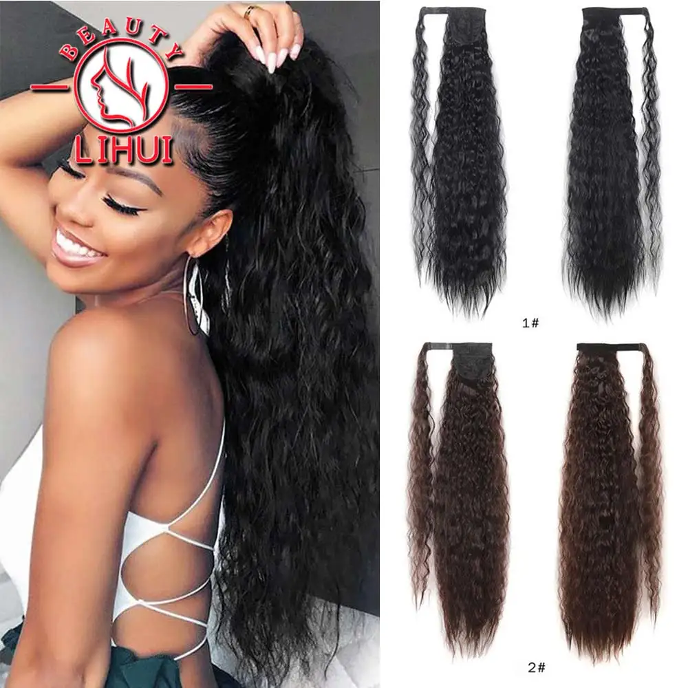 Synthetic Long Corn Wavy Ponytail Hairpiece Wrap on Hair Clip Black Brown Ombre - £10.37 GBP+