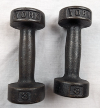 Vintage Set of 2 York 3 LB Pound Dumbbells Roundhead Pair 6 LB Total Black - £17.32 GBP