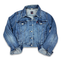 Levi’s Trucker Jacket Nicely Distressed Denim Blue Wash Red Tab Youth Large - £15.52 GBP
