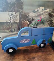 Ford Handcrafted Wooden Blue Truck Christmas Figurine with Tree - $5.69