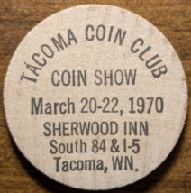 1970 Tacoma, Washington WA Tacoma Coin Club Coin Show Wooden Nickel Token - $5.89