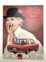 Red Ford Cortina 1970s Print AD Blonde Girl in Hat with British Flag - $6.26