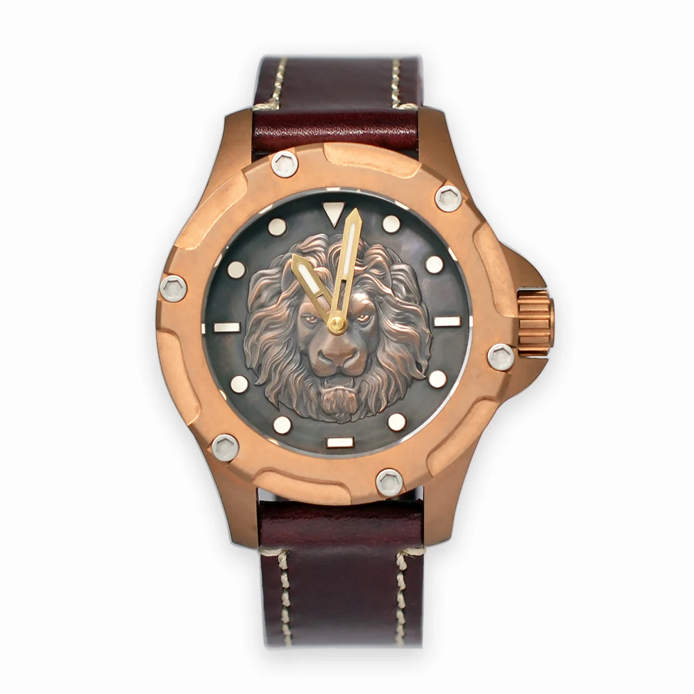 Bronze 3D Lion Engraved Dial Diver Watch ST2130 Automatic 200M Waterproof Cusn8  - £389.20 GBP