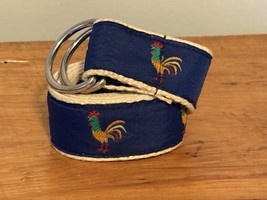 Vintage 32.5” Nylon &amp; Canvas Rooster Cock Ribbon Belt Blue Green Yellow Red - $15.92