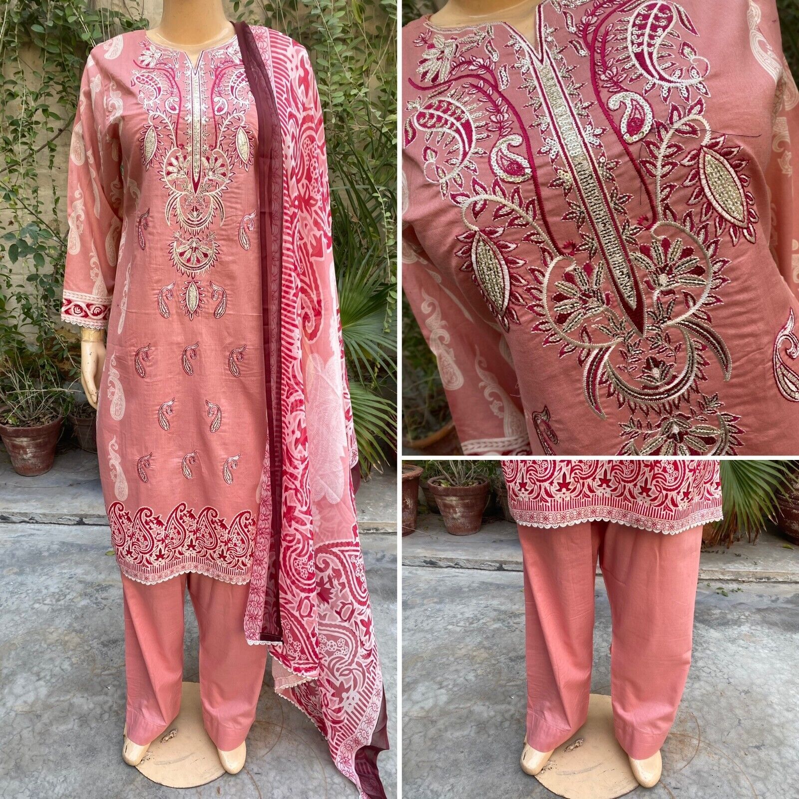 Pakistani Tea Pink Printed Straight Shirt 3-PCS Lawn Suit / Threadwork ,M - $54.45