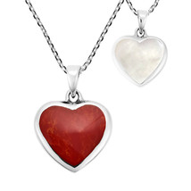 Love Forever Double-Sided Heart w/ Synthetic Red Coral Sterling Silver Necklace - $25.33