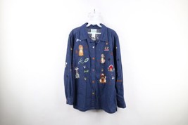 Vintage 90s Country Primitive Womens Medium Dog Puppy Denim Jean Button Shirt - £36.14 GBP