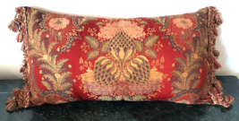 NEWPORT Pillow Oblong RED Gold  Green Rectangular 12” X  22” Floral Tassels Vtg - £31.02 GBP