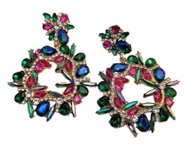 Dangle Bridesmaids Earrings, Rhinestone Drop Earrings, Green Multi Crystal Chand - £31.04 GBP